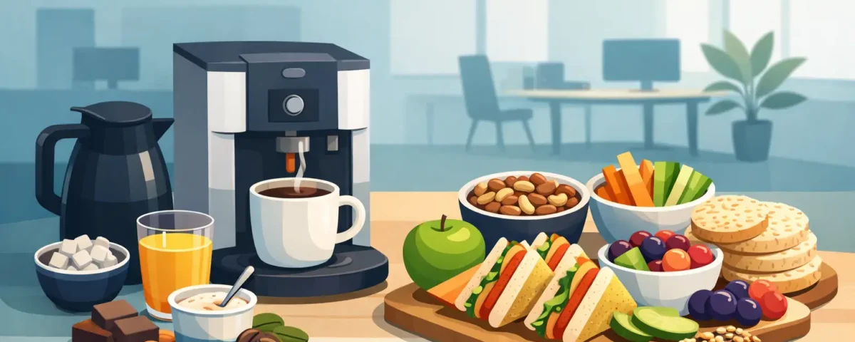 Sammensæt kontorforplejning med snacks