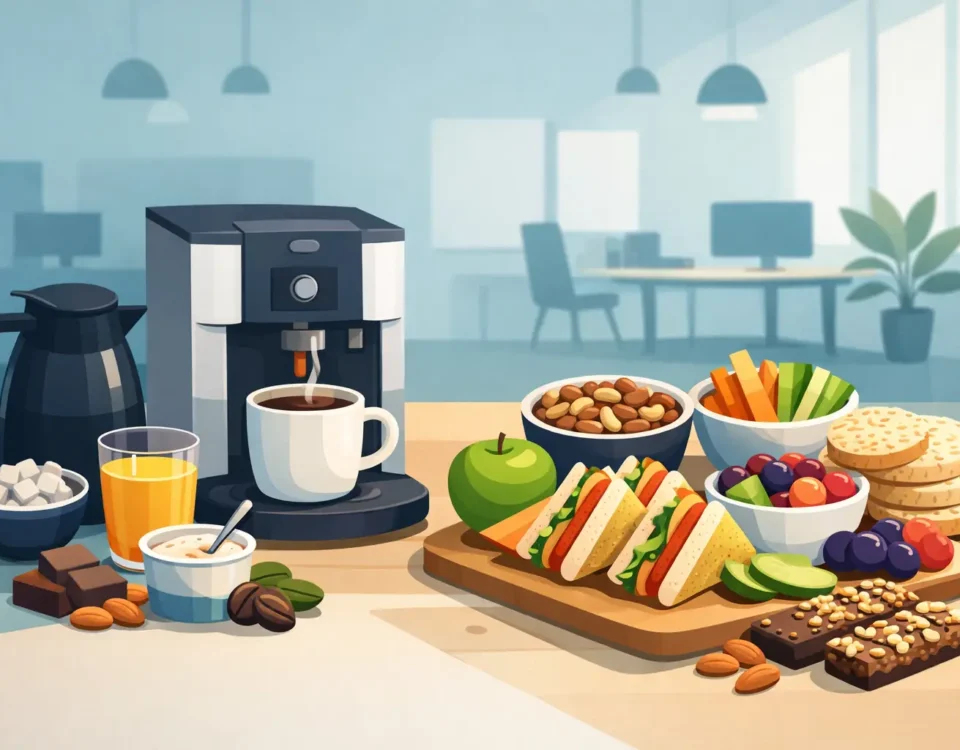 Sammensæt kontorforplejning med snacks